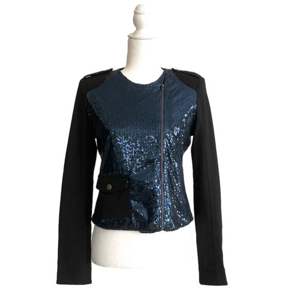 Lumiere Jacket Blazer Coat Black Blue Sequins Zip Cropped Party Small NEW - Picture 1 of 16